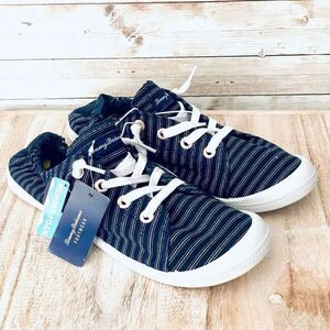 NWT TOMMY BAHAMA 7.5 No-Tie Memory Foam Slip-on Sneakers Navy Blue/White Striped